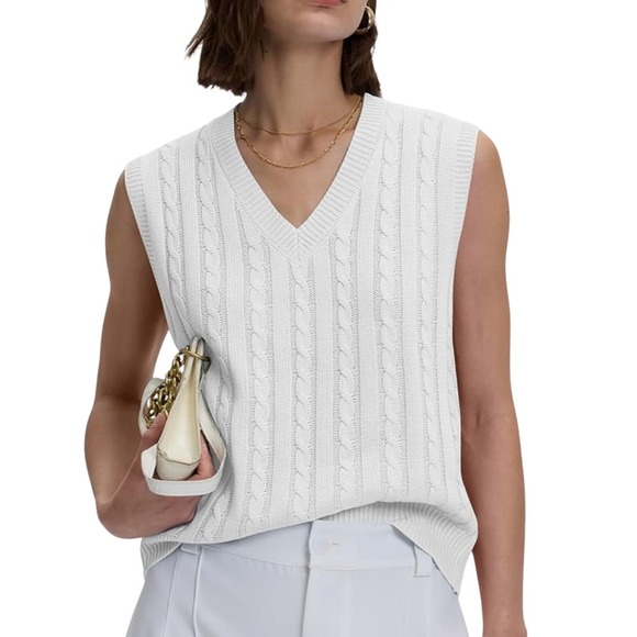 The Drop Jackets & Blazers - The Drop Womens Cable Knit V Neck Sleeveless Wool Blend Sweater Vest White XXL